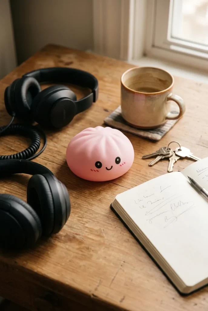 Pink Squishy Dumpling Kukkapehmeä työpöydällä — asiakaskuva