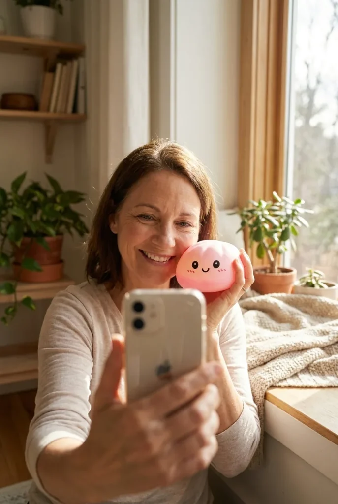 Pink Squishy Dumpling Kukkapehmeä kasvojen lähellä — asiakaskuva