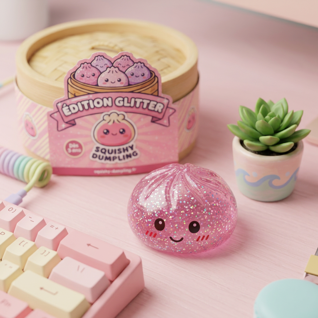 Glitter Dumpling Squishy Pinkki Kawaii tunnelmakuvassa työpöydällä