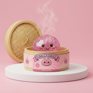 Glitter Dumpling Squishy Pinkki Kawaii bambutyylisessä höyrykorirasiassaan