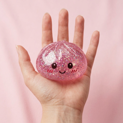 Glitter Dumpling Squishy Pinkki Kawaii kädessä, todellinen koko