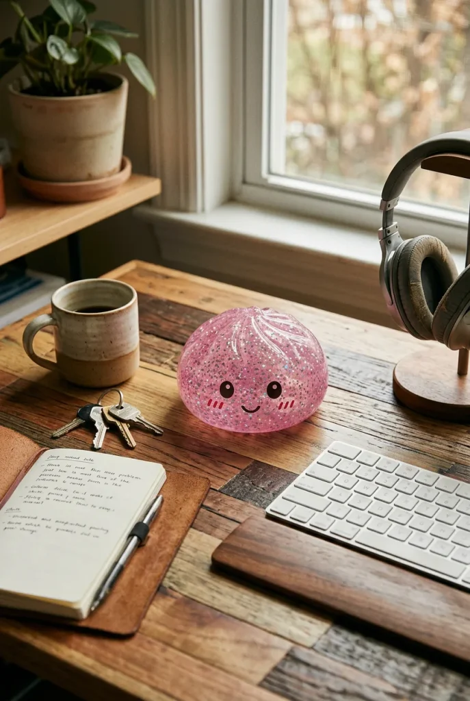 Glitter Dumpling Squishy Pinkki Kawaii työpöydällä — asiakaskuva