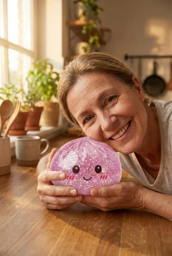 Glitter Dumpling Squishy Pinkki Kawaii kasvojen lähellä — asiakaskuva