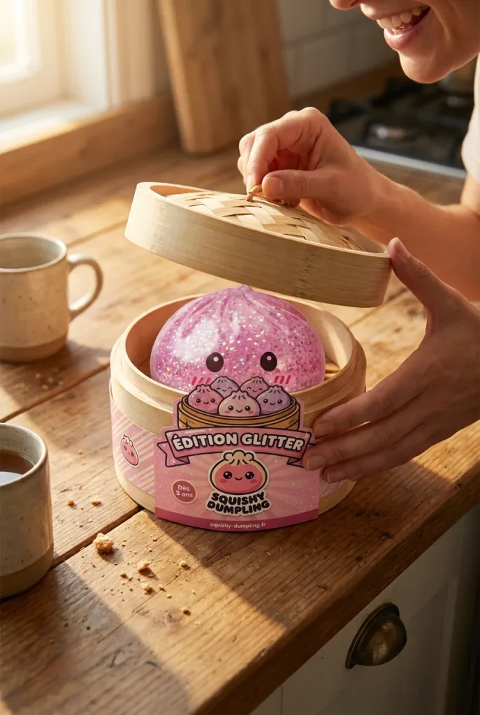 Glitter Dumpling Squishy Pinkki Kawaii — unboxing, asiakaskuva