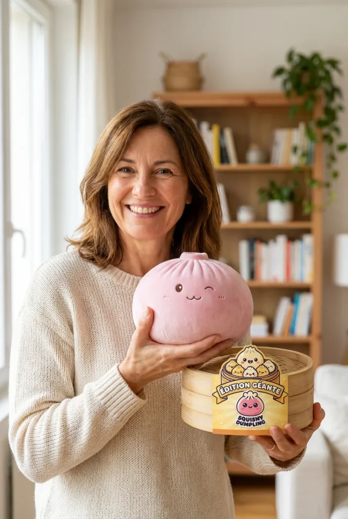 Squishy Dumpling Toy XXL Vaaleanpunainen ja bambutyylinen höyrykori — asiakaskuva