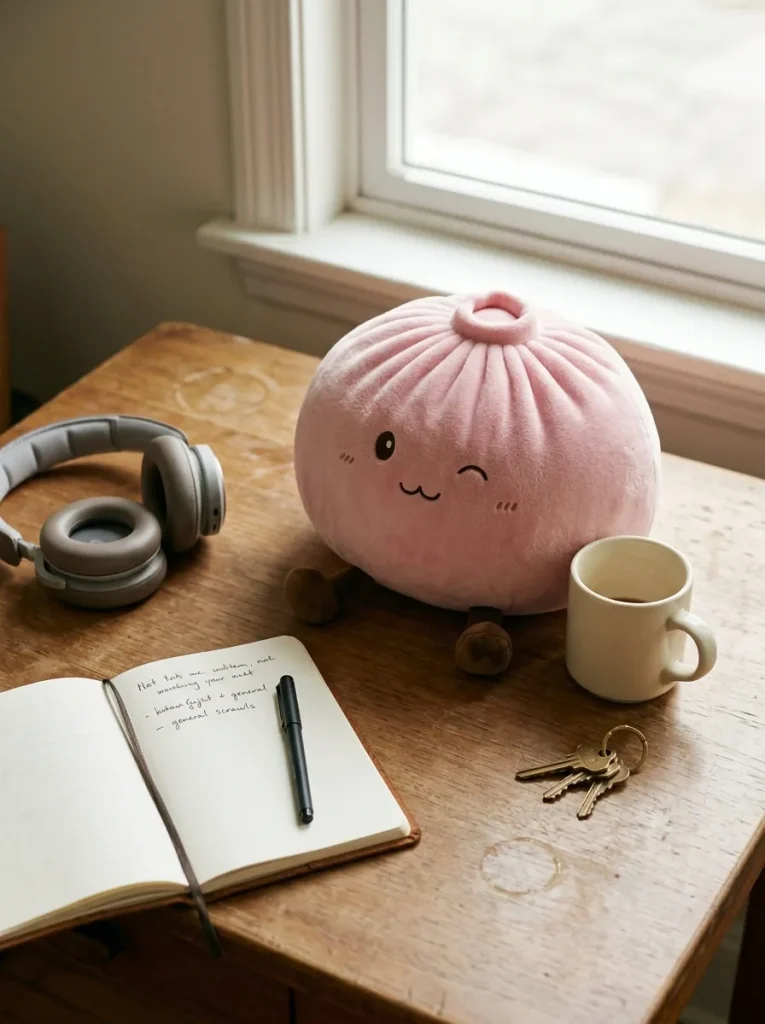 Squishy Dumpling Toy XXL Vaaleanpunainen työpöydällä — asiakaskuva