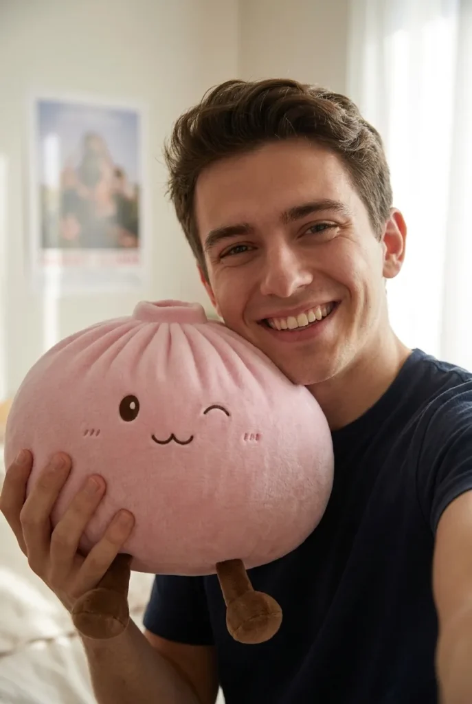 Squishy Dumpling Toy XXL Vaaleanpunainen kasvojen lähellä — asiakaskuva