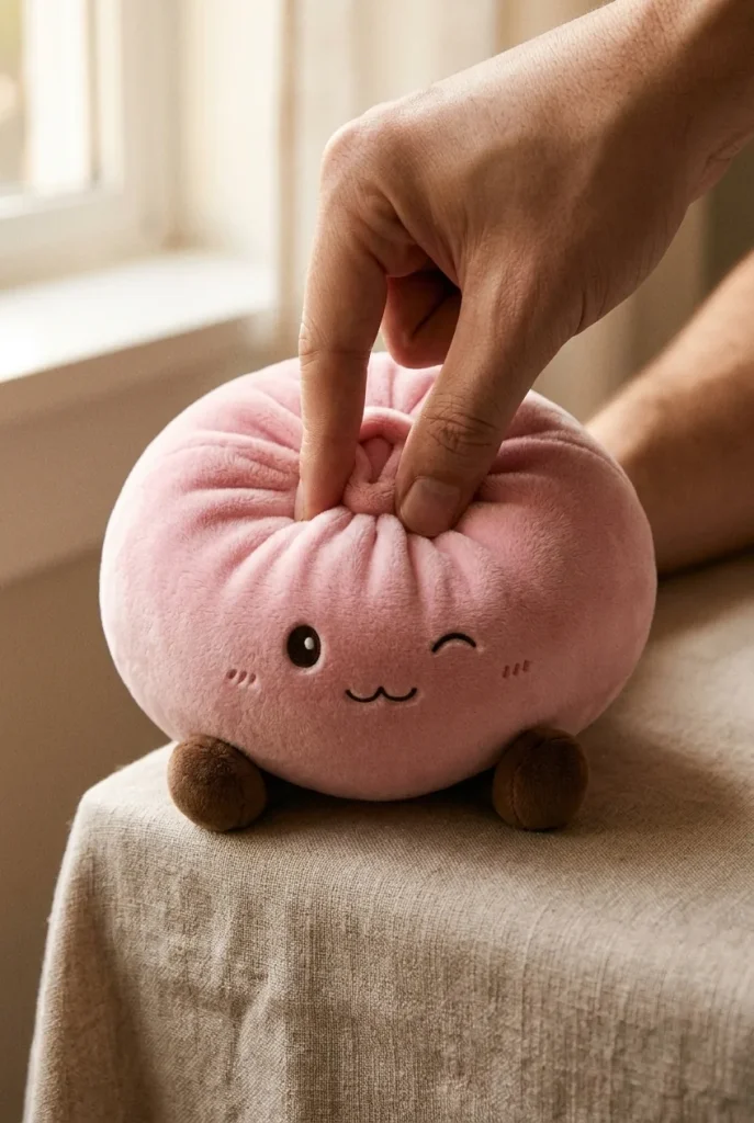 Squishy Dumpling Toy XXL Vaaleanpunainen sormien välissä — asiakaskuva