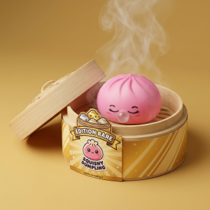 Dumpling Squishy Rose Rare Blow Pinkki bambutyylisessä höyrykorirasiassaan