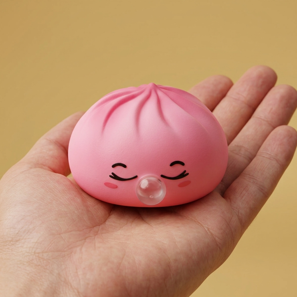 Dumpling Squishy Rose Rare Blow Pinkki kädessä, todellinen koko