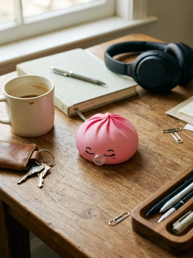 Dumpling Squishy Rose Rare Blow Pinkki työpöydällä — asiakaskuva