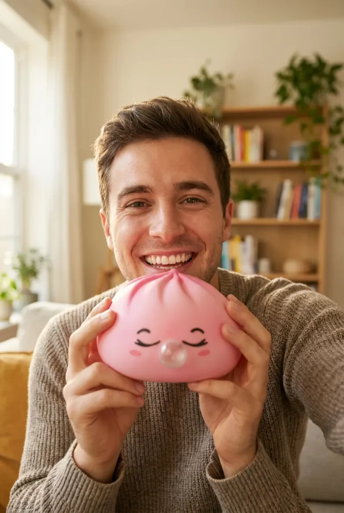 Dumpling Squishy Rose Rare Blow Pinkki kasvojen lähellä — asiakaskuva