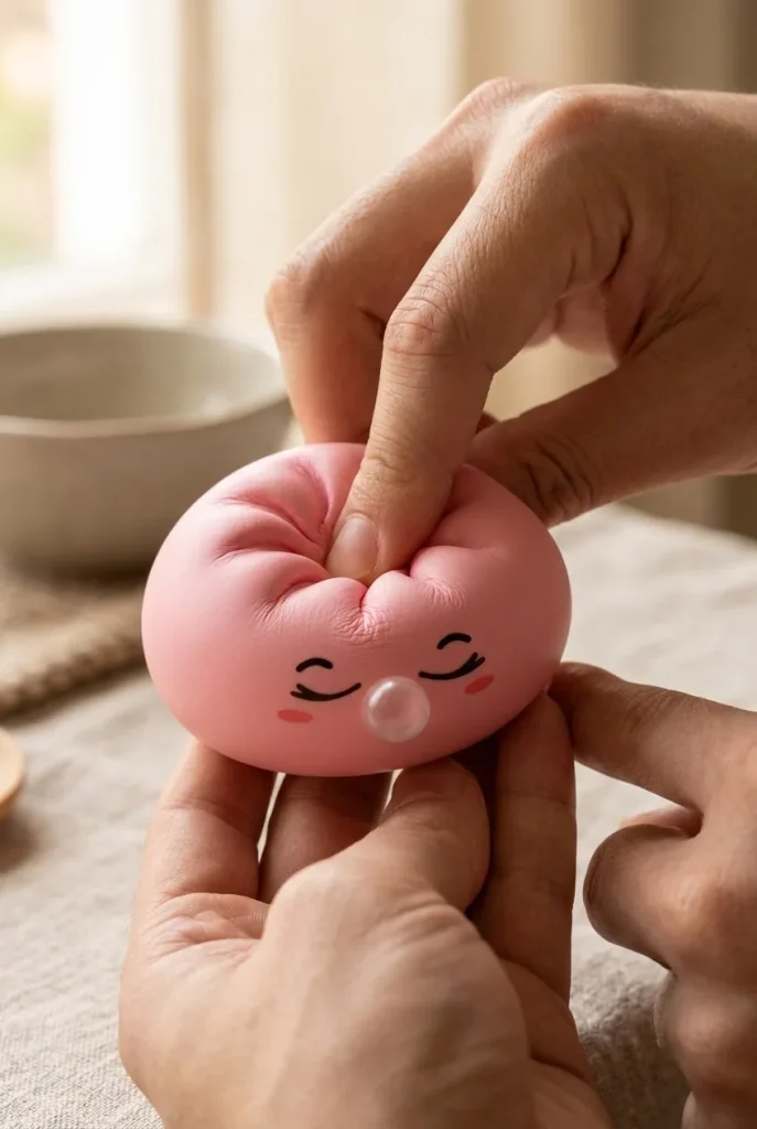 Dumpling Squishy Rose Rare Blow Pinkki sormien välissä — asiakaskuva