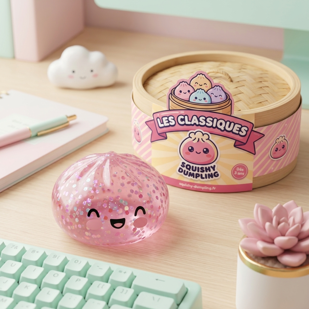 Dumpling Squishy Rose Sparkle Bubblegum -pinkki tunnelmakuvassa työpöydällä