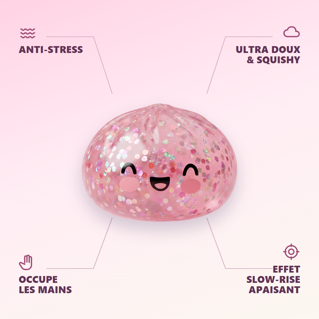 Dumpling Squishy Rose Sparkle Bubblegum -pinkki — antistress, ultrapehmeä, slow-rise
