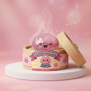 Dumpling Squishy Rose Sparkle Bubblegum -pinkki bambutyylisessä höyrykorirasiassaan