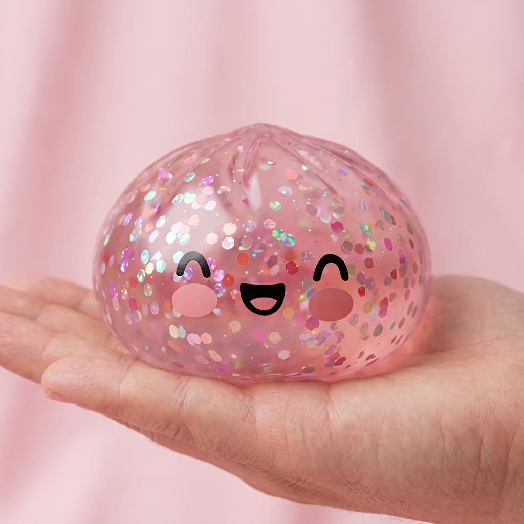 Dumpling Squishy Rose Sparkle Bubblegum -pinkki kädessä, todellinen koko