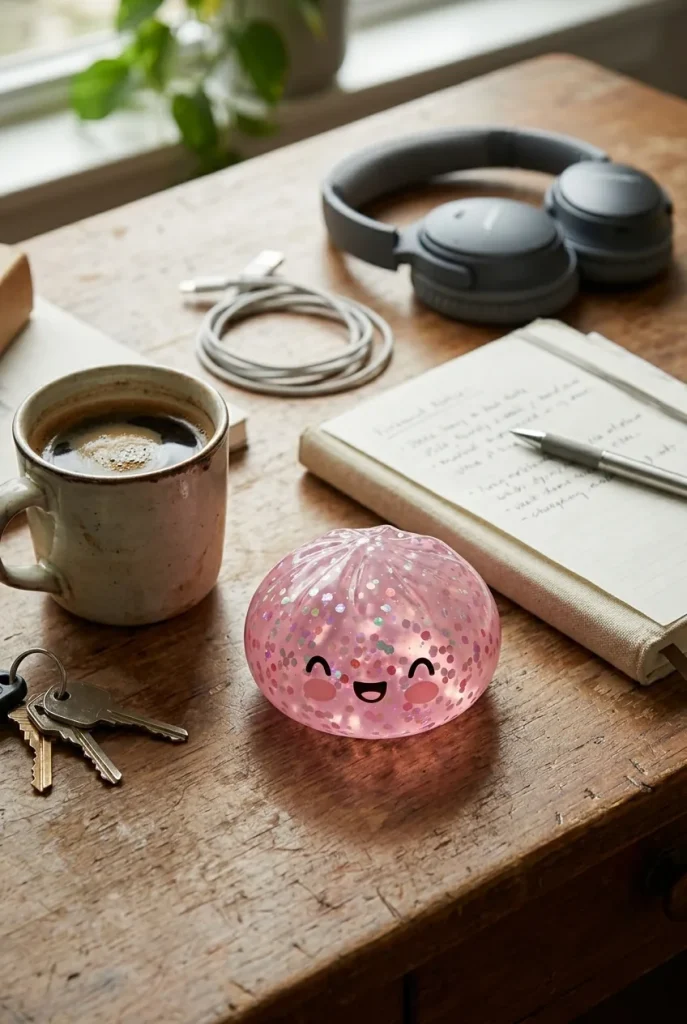 Dumpling Squishy Rose Sparkle Bubblegum -pinkki työpöydällä — asiakaskuva