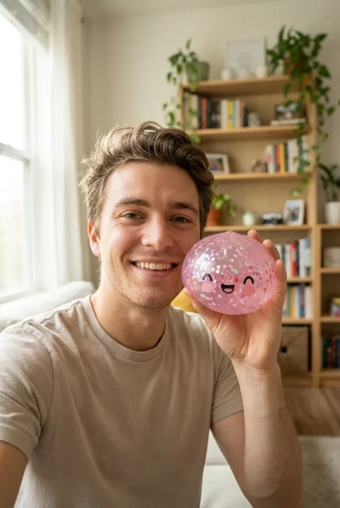 Dumpling Squishy Rose Sparkle Bubblegum -pinkki kasvojen lähellä — asiakaskuva