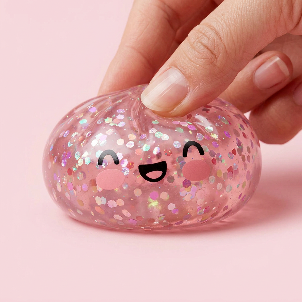 Dumpling Squishy Rose Sparkle Bubblegum -pinkki puristettuna kädessä, squishy-materiaali
