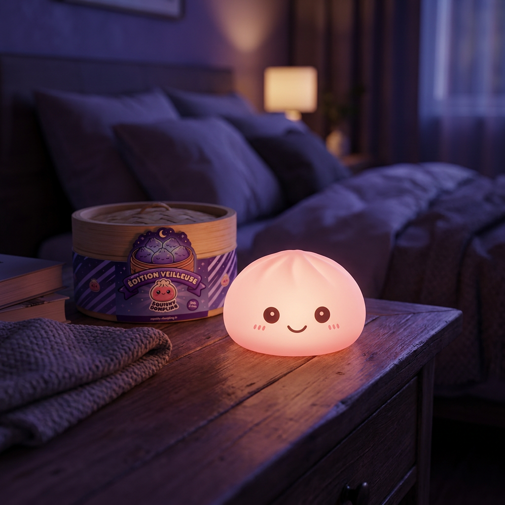 Dumpling Squishy Yövalo, Pehmeä Vaaleanpunainen tunnelmakuvassa työpöydällä