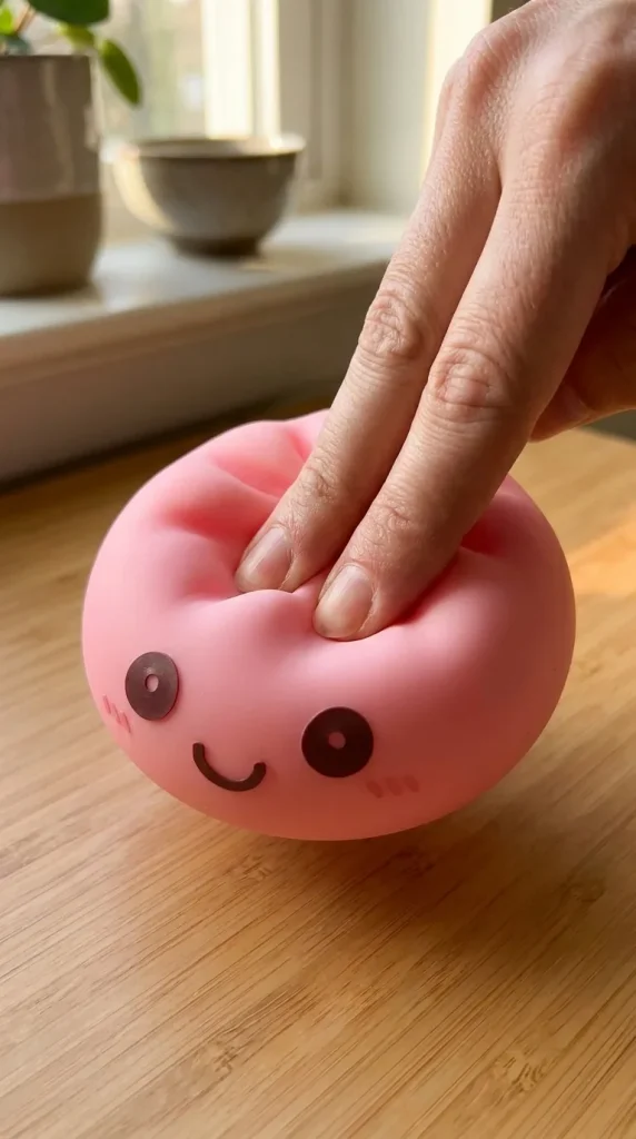 Dumpling Squishy Yövalo, Pehmeä Vaaleanpunainen sormien välissä — asiakaskuva