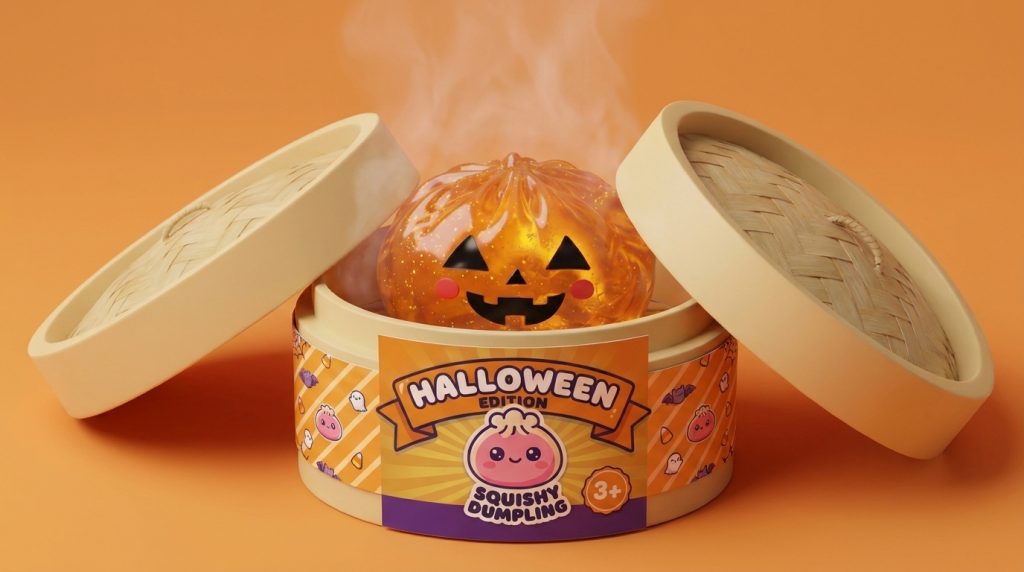 Halloween Kurpitsa Dumpling Squishy Läpikuultava bambutyylisessä höyrytyskorissa