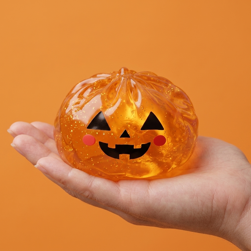 Halloween Kurpitsa Dumpling Squishy Läpikuultava kädessä — kokovertailu