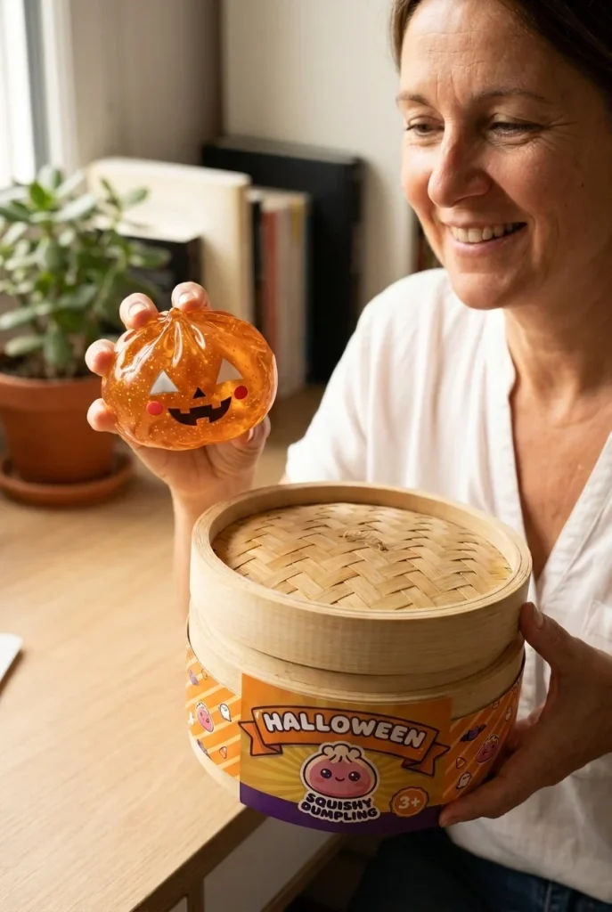 Halloween Kurpitsa Dumpling Squishy Läpikuultava pakkauksensa kanssa