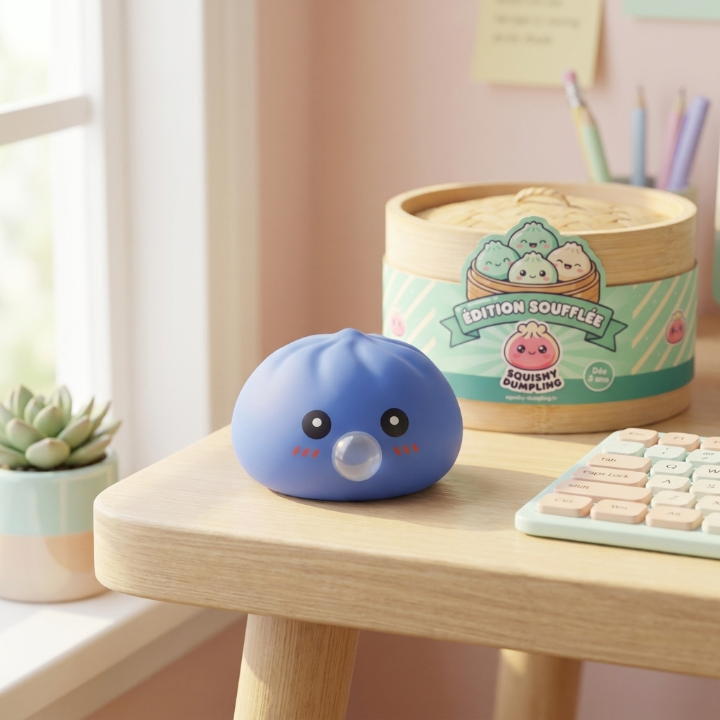 Dumpling Squishy Violetti, Pöhötetty ja Pehmeä tunnelmakuvassa työpöydällä
