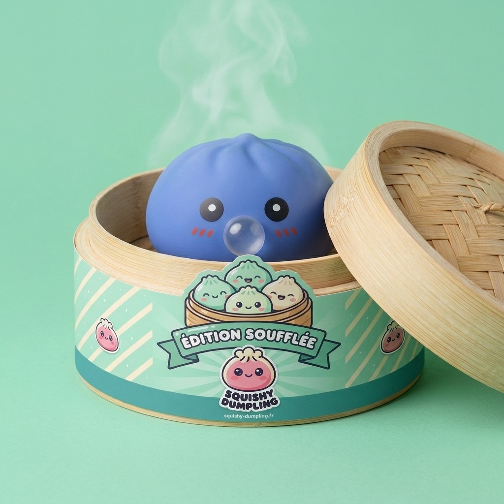 Dumpling Squishy Violetti, Pöhötetty ja Pehmeä bambutyylisessä höyrykorirasiassaan