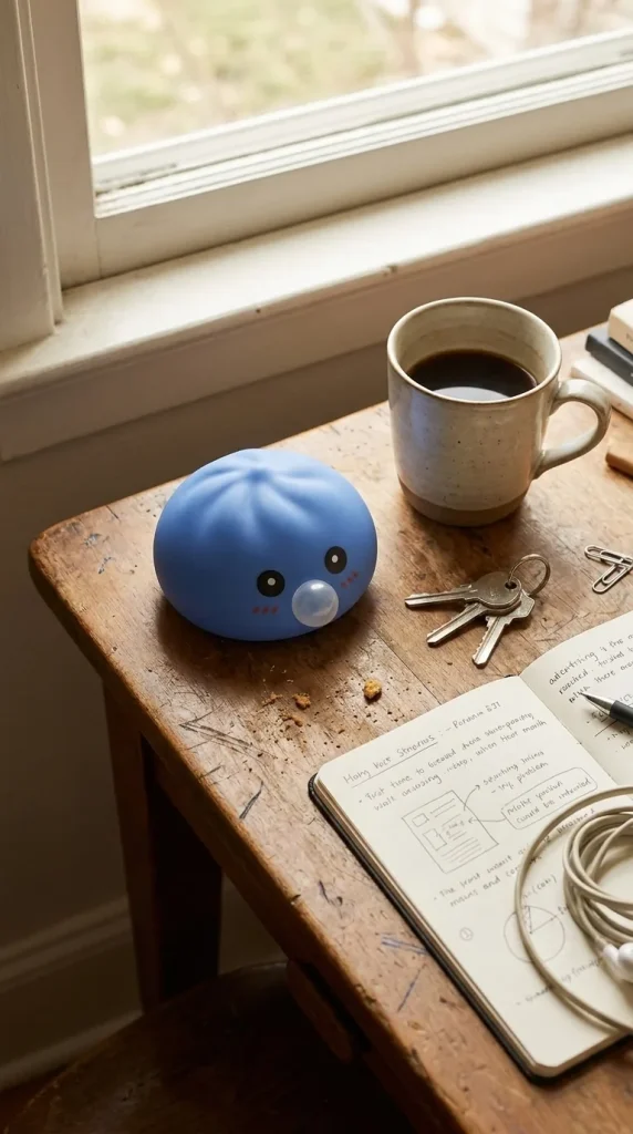 Dumpling Squishy Violetti, Pöhötetty ja Pehmeä työpöydällä — asiakaskuva