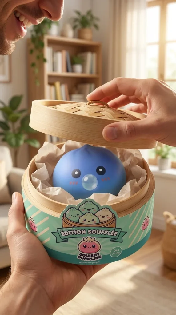 Dumpling Squishy Violetti, Pöhötetty ja Pehmeä — unboxing, asiakaskuva