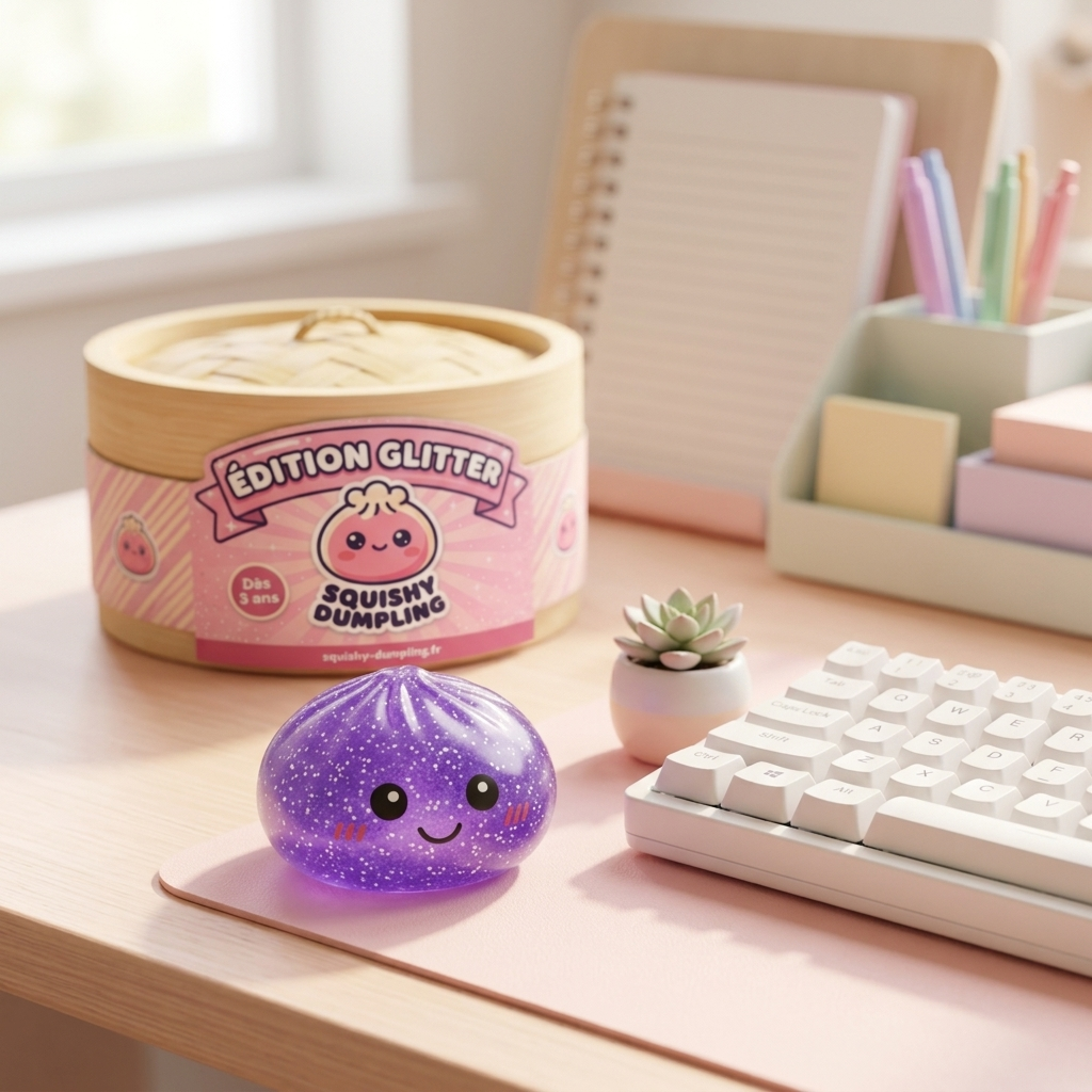 Glitter Dumpling Squishy Unelmavioletti tunnelmakuvassa työpöydällä