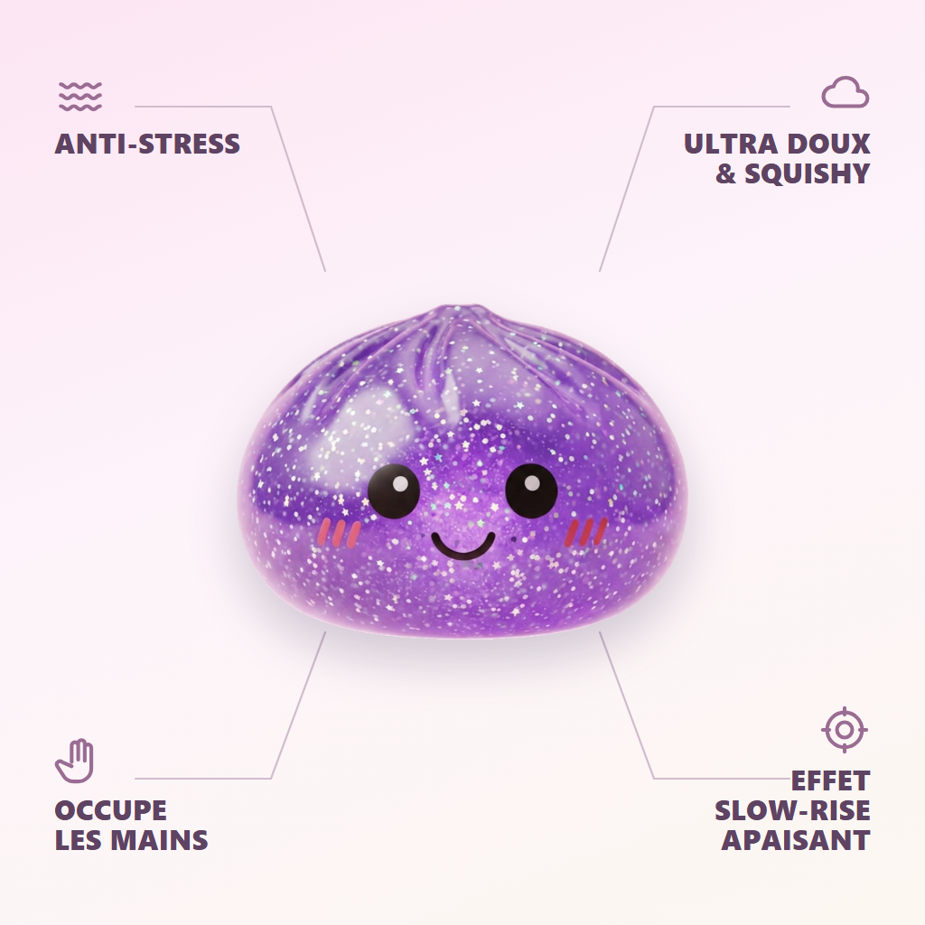 Glitter Dumpling Squishy Unelmavioletti — antistress, ultrapehmeä, slow-rise