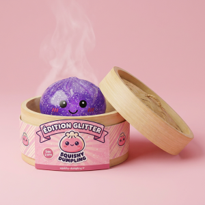 Glitter Dumpling Squishy Unelmavioletti bambutyylisessä höyrykorirasiassaan