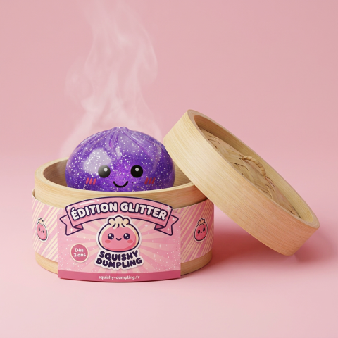 Glitter Dumpling Squishy Unelmavioletti bambutyylisessä höyrykorirasiassaan