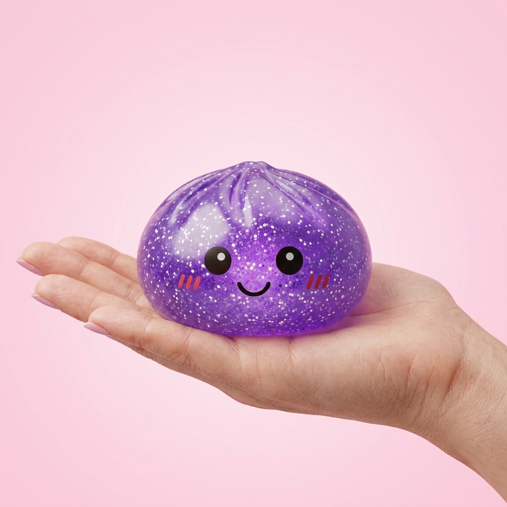 Glitter Dumpling Squishy Unelmavioletti kädessä, todellinen koko