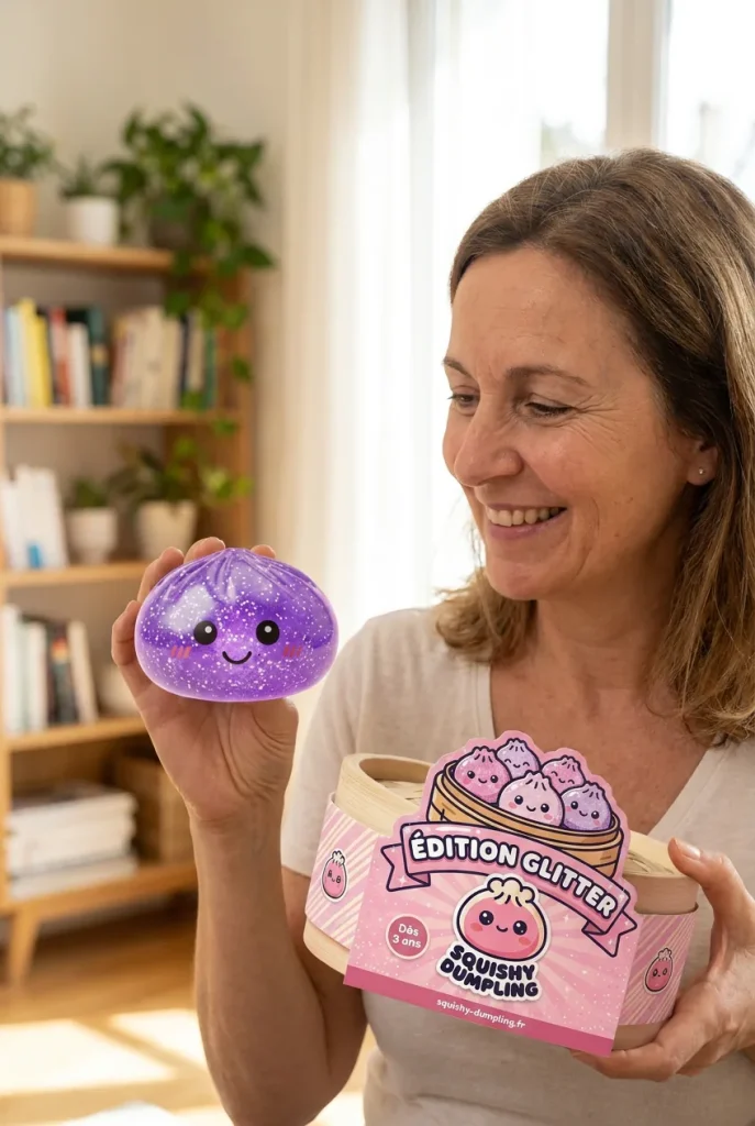 Glitter Dumpling Squishy Unelmavioletti ja bambutyylinen höyrykori — asiakaskuva