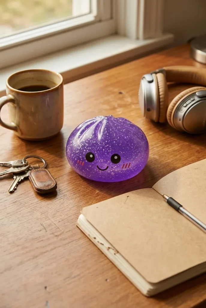 Glitter Dumpling Squishy Unelmavioletti työpöydällä — asiakaskuva