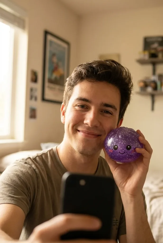 Glitter Dumpling Squishy Unelmavioletti kasvojen lähellä — asiakaskuva