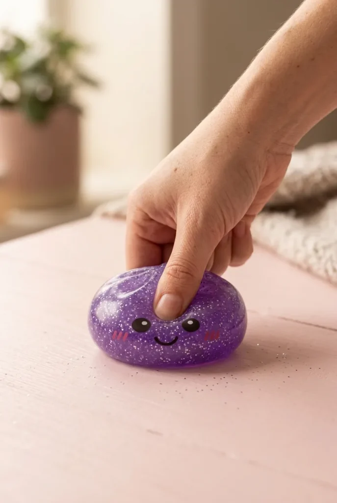 Glitter Dumpling Squishy Unelmavioletti sormien välissä — asiakaskuva