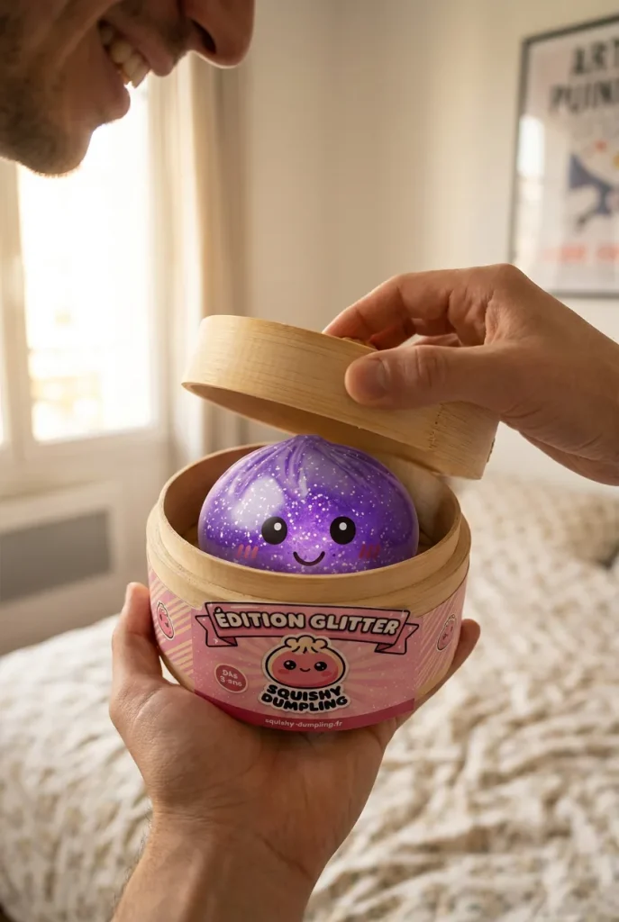 Glitter Dumpling Squishy Unelmavioletti — unboxing, asiakaskuva