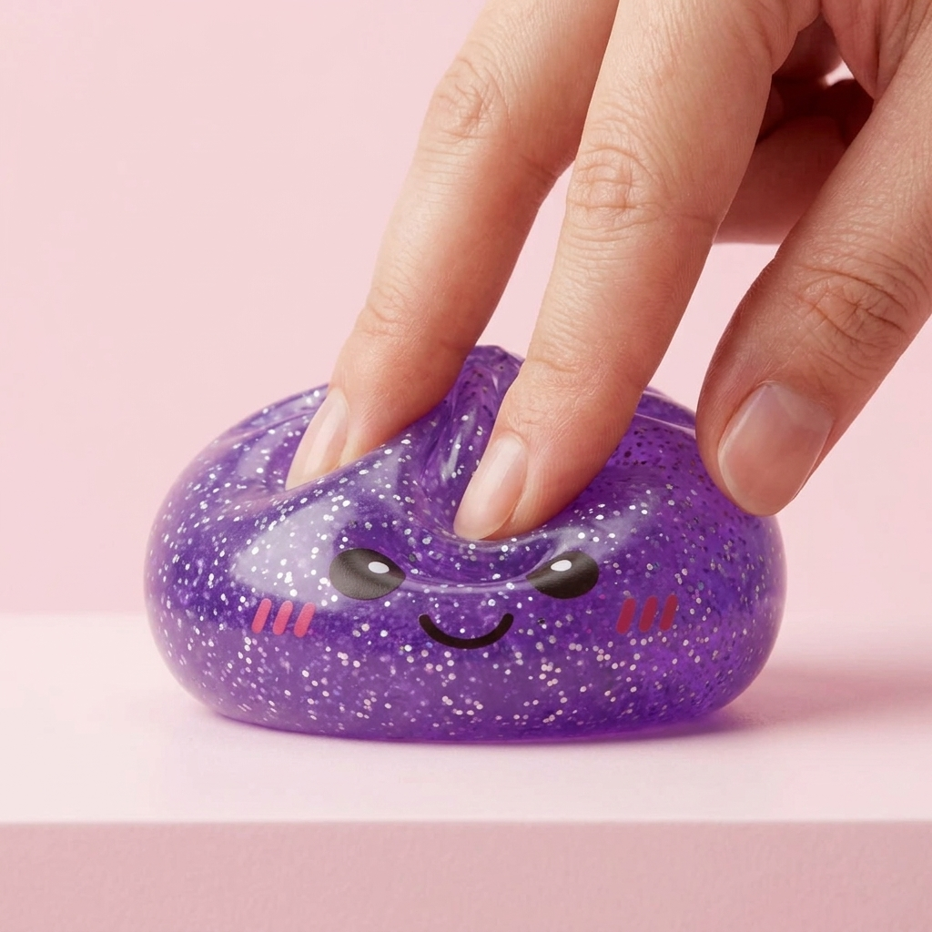 Glitter Dumpling Squishy Unelmavioletti puristettuna kädessä, squishy-materiaali