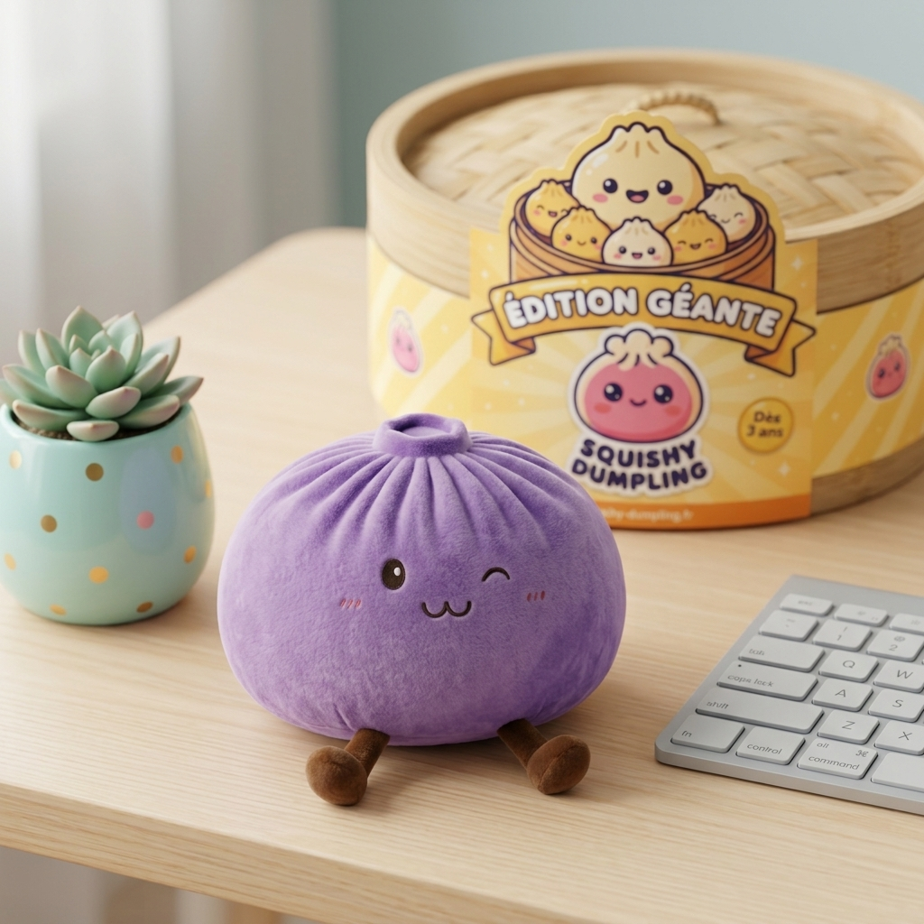 Giant Dumpling Squishy Violetti tunnelmakuvassa työpöydällä
