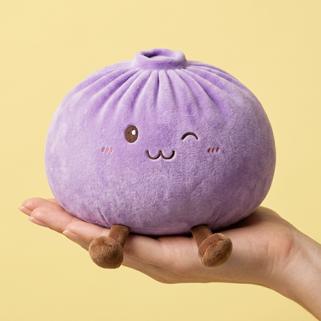 Giant Dumpling Squishy Violetti kädessä, todellinen koko