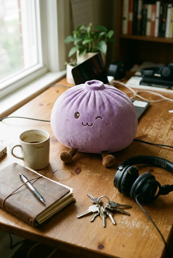 Giant Dumpling Squishy Violetti työpöydällä — asiakaskuva