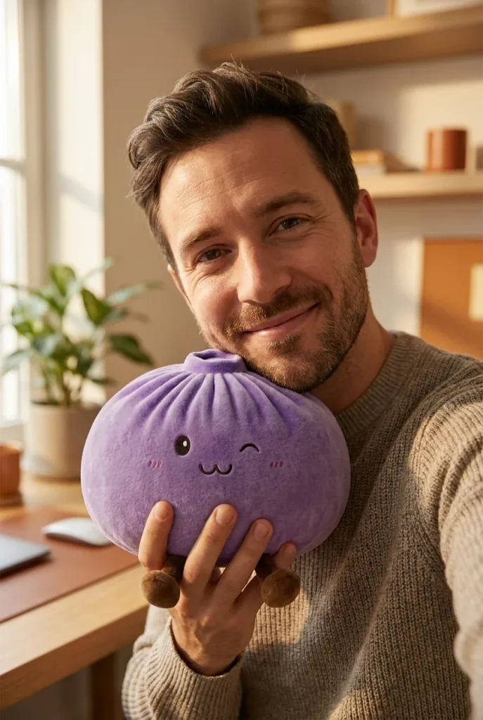 Giant Dumpling Squishy Violetti kasvojen lähellä — asiakaskuva