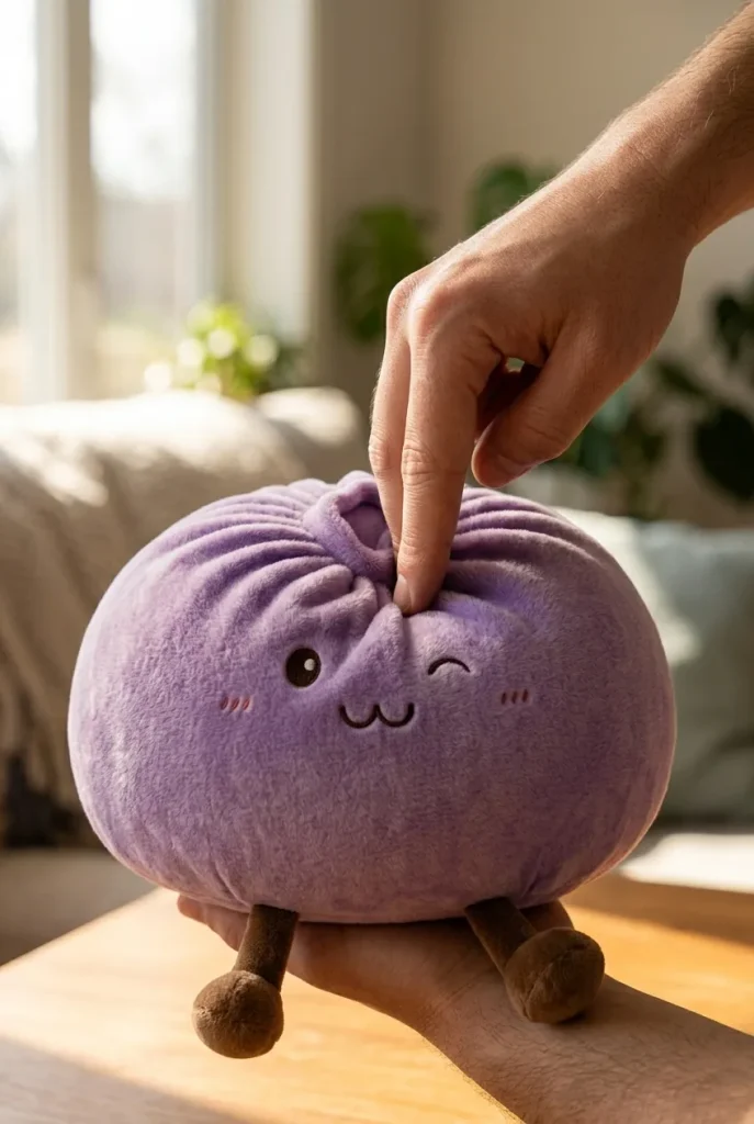 Giant Dumpling Squishy Violetti sormien välissä — asiakaskuva