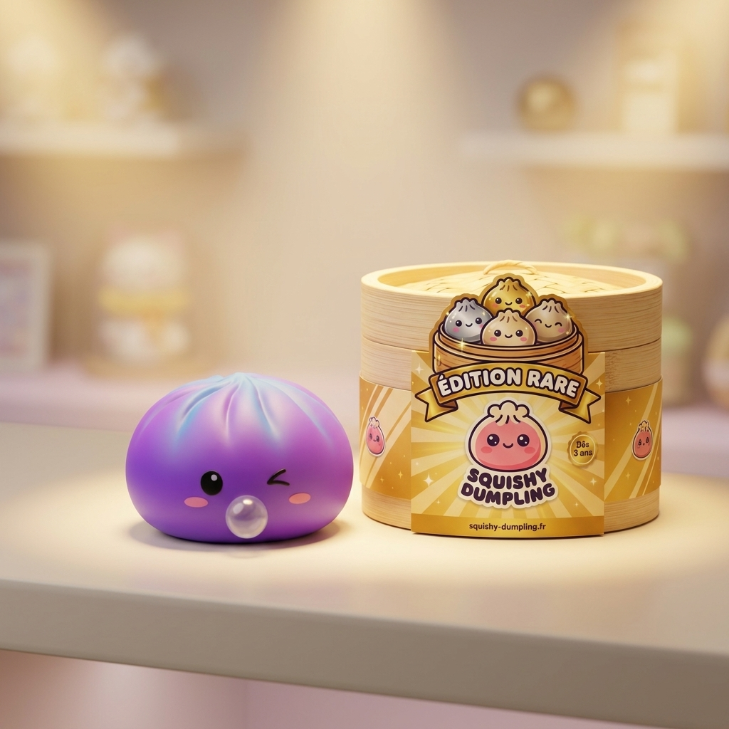 Dumpling Squishy Purple Rare Blow Kosminen Violetti tunnelmakuvassa työpöydällä